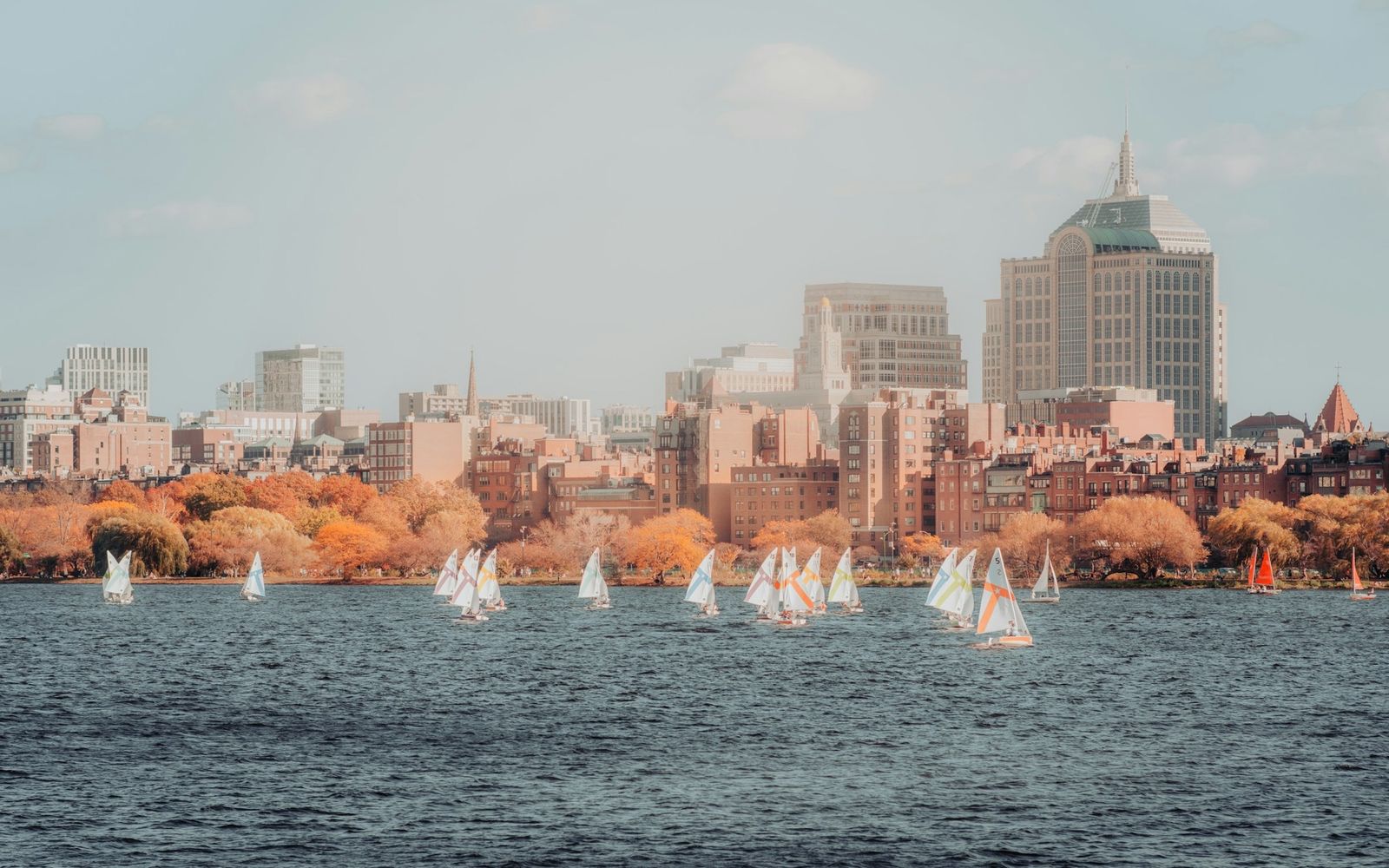 Sailboats on the Charles River in front of Boston's Back Bay skyline